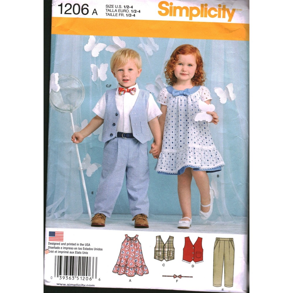 Simplicity 1206 Toddlers Dress Pants Vest Bow Tie Sewing Pattern Size 1/2-4 CUT
